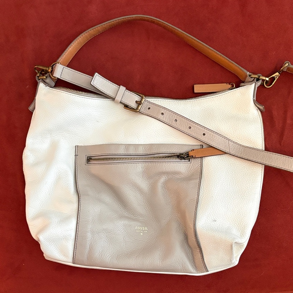Fossil Cream and Taupe Leather Shoulder Bag with Tan Strap